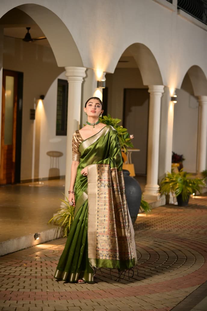 Madhubani Art Khadi Raw Silk Saree with Traditional Temple Zari Weaving and Lotus Print Blouse